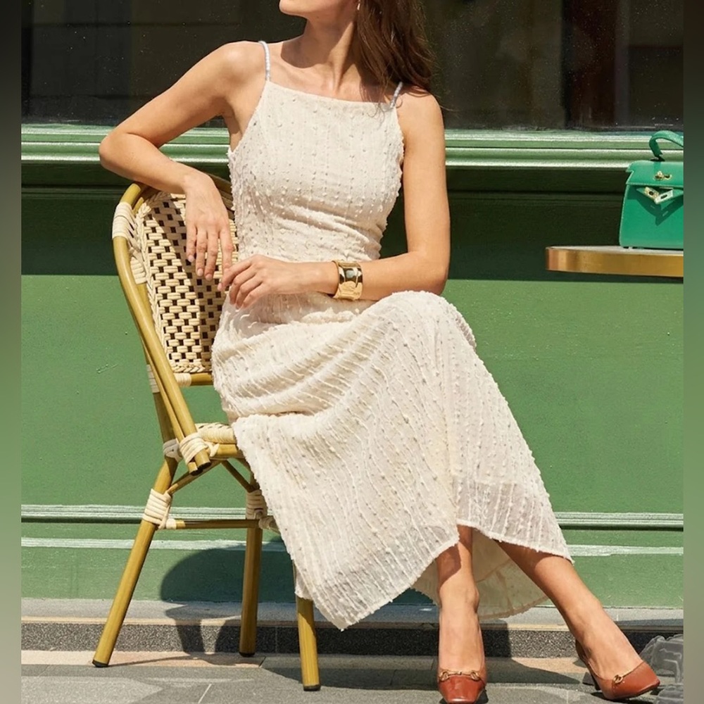 Rihoas Beige Textured Beaded Slip Midi Dress